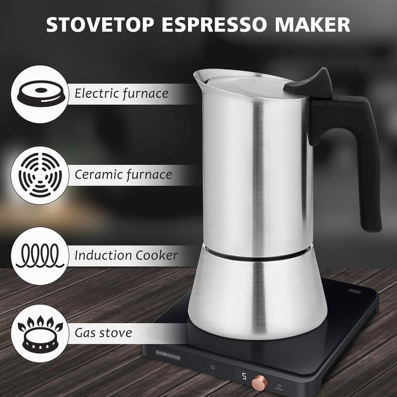 VONATES Stovetop Espresso Maker Stainless Steel Moka Pot, 6 cup Espresso Coffee Pots 300ml/10oz(Espresso Cup=50ml/1.7oz), Italian Coffee Maker for Induction Cookers Hobs, Cafe Maker for Camping Home - Image 5